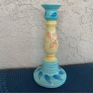 One Single Painted Blue and Yellow Floral Ceramic Candlestick Holder 8” Tall